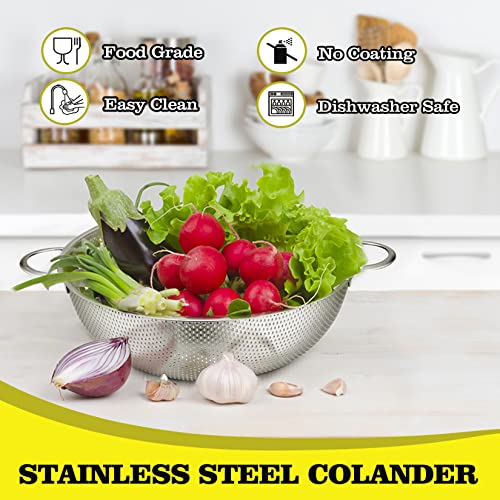 2-Piece Colanders (1 + 3 Qt), P&P Chef Stainless Steel Food Strainer With Handle, Micro-Perforated For Washing Rinsing Draining, Great For Pasta Fruits Vegetables, Dishwasher Safe & Non Toxic, Silver #TOP1