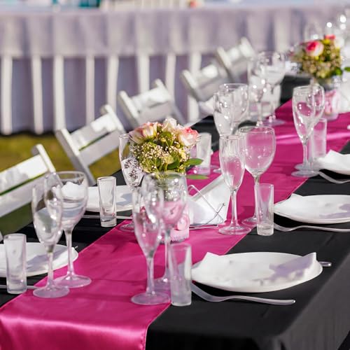 Image of Breling 12 Pack Black and Hot Pink Disposable Plastic Tablecloths and Satin Table Runner Set, 54 x 108 Inch Tablecloth, 12 x 108 Inch Table Runners for Wedding Graduation Birthday Baby Shower