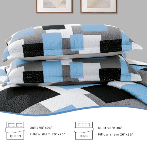 Image of Tyrot 3 Piece Light Blue Quilt Twin Size Blue White Bedding Set