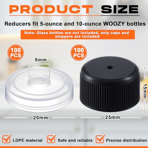 Burbell 200 Pack Hot Sauce Bottle Screw Caps and Dripper Insert Orifice Reducers Fitments Bulk Leak Proof Replacement Set for 5 oz 10 oz Woozy Bottles Hot Sauce, 100 Caps+100 Stoppers(Black)