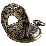 HJtRTDF orologio da tasca， Orologio da tasca vintage in stile steampunk al quarzo con numeri romani e catena for uomo, compleanno(Bronze)