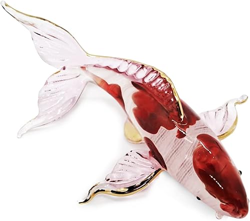 Figura de vidrio soplado de carpa Koi de 11.4 cm de largo, miniatura en color rojo y blanco, pez japonés, artesanía animal, regalo de la suerte,