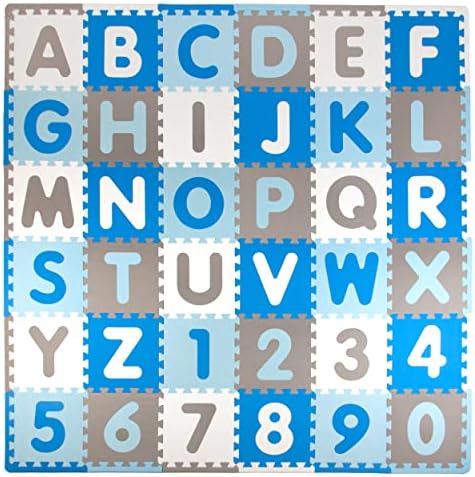 Tadpoles Foam Playmats for Kids, 36 Interlocking Tiles Teach the ABCs and Numbers 0-9, Total Floor Coverage 74” x 74” (36 Sq Ft), For Ages 3 and Up, Colors: Blue/Grey