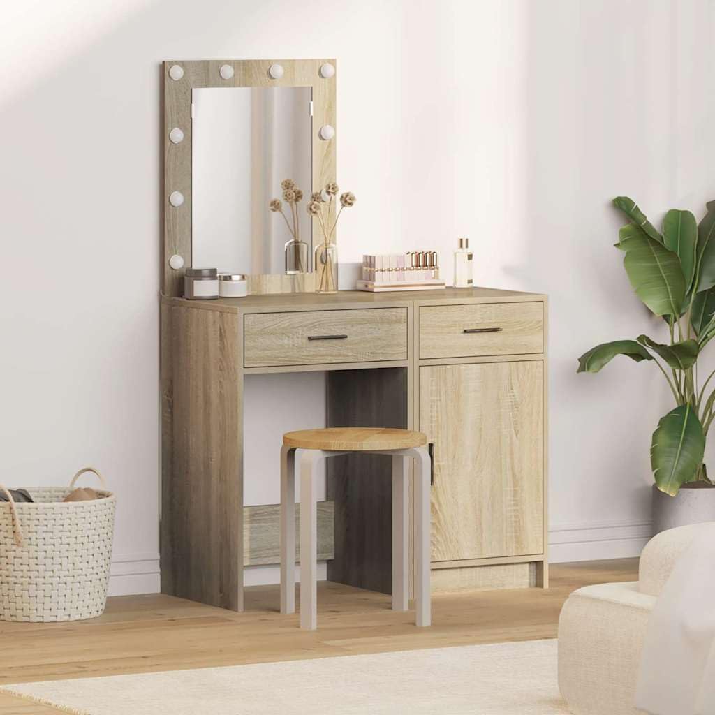 Tocador con puerta marrón de madera 50 x 41 x 135 cm, 2 unidades con iluminación LED, cajón, espacio de almacenamiento para dormitorio, habitación de niña y vestidor