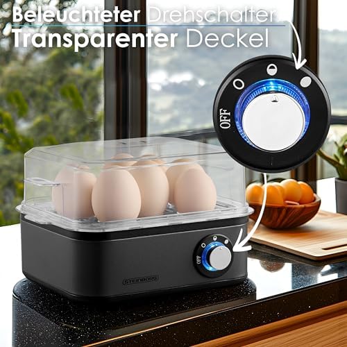 Bild 2 - Eierkocher für 1 bis 8 Eier | Warmhaltefunktion | Elektrischer Eierkocher aus Edelstahl 500 Watt | 3 Härtegrade BPA-Frei & Spülmaschinenfest LED Drehschalter Robust & Langlebig
