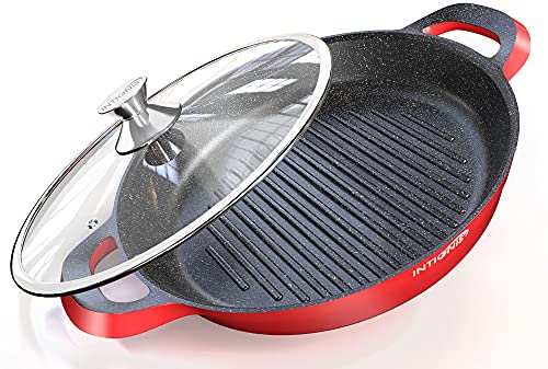 INTIGNIS Poêle à griller Poêle à griller antiadhésive 32cm avec couvercle en verre allant au four 32cm convient à toutes les plaques de cuisson induction gaz bbq (Red, 32 cm)