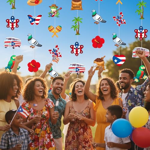 Image of Spakon 8 Pcs Puerto Rico Garlands Puerto Rican Party Hanging Decorations Hibiscus Garlands Banners Frog Paper Cutouts for Birthday Festivals Party Ceiling Wall Decor