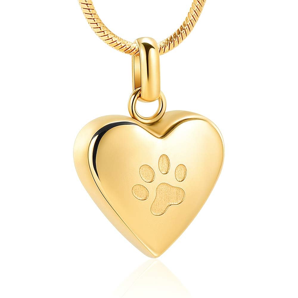 Pet Cremation Jewelry - Paw Print & Heart Urn Pendant Necklace Memorial Keepsake for Dog's & Cat's Ashes, Gold, 0.78 inch by 0.78 inch