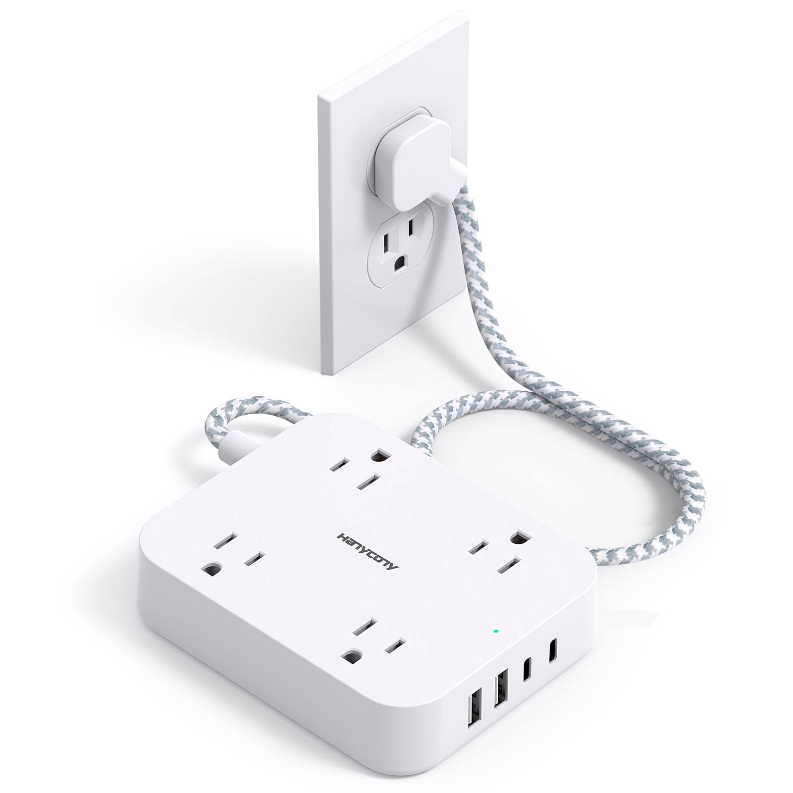 Flat Extension Cord 3 Ft, HANYCONY Power Strip with 4 USB Ports(2 USB C), 4 Widely Outlets Extender, Wall Mount, Desk Charging Station for Office, School, Travel and Dorm Room Essentials, ETL Listed