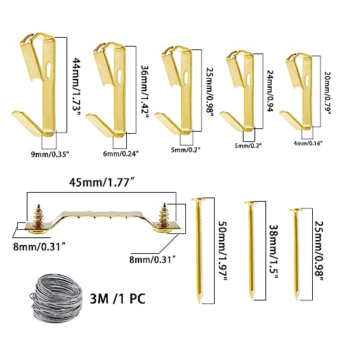 Image of 200 Pieces Picture Hanging Kit with Screws,SAFYY Picture Hooks for Hanging Pictures,5 Size Picture Hanging Hooks Sets,Wall Painting Hanging Hooks Picture Frame Hooks for Wall Mounting(Gold)
