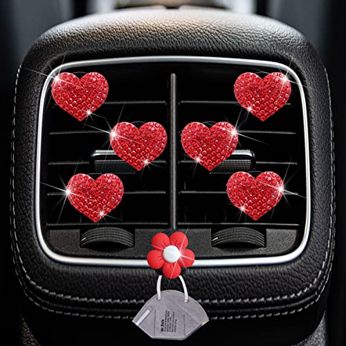 Image of Bling Heart Air Vent Clips, 6 Pcs Red Heart Car Air Fresheners, Diamond Car Interior Decor Charm + Cute Sunflower Mask Hook
