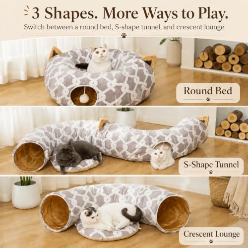 Image of Large Cat Tunnel Bed Under Christmas Tree with Fluffy Toy Balls, Small Cushion and Flexible Design- 10 inch Diameter, 3 ft Length- Great for Cats, and Small Dogs, Gray Geometric Figure
