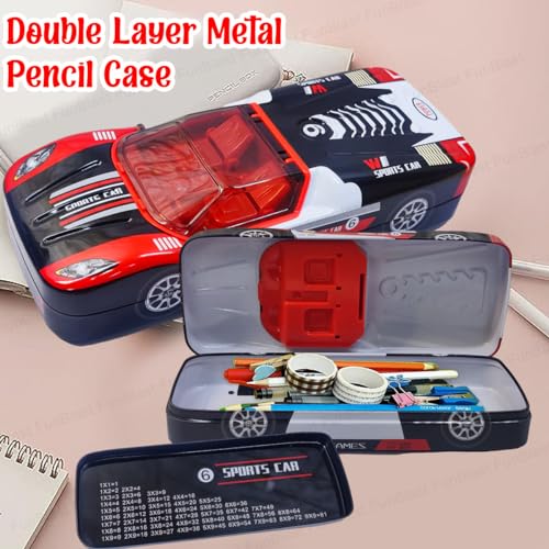 Image of FunBlast Metal Car Pencil Box for Kids, Double Layer Metal Pencil Case for Kids Boys, Stationery Organizer Box, Pen & Pencil Box for School Students, Return Gifts for Children (Color May Vary)