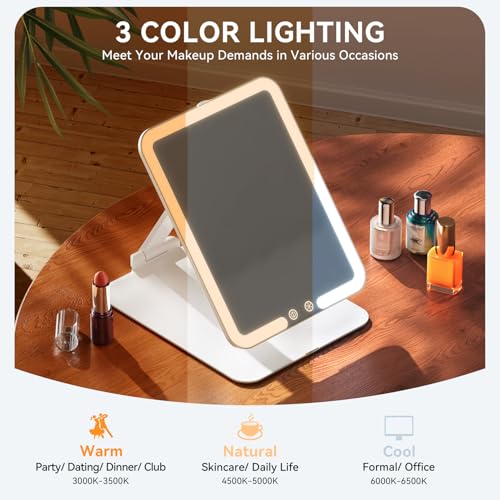 Auxmir Rechargeable Travel Makeup Mirror, Portable Travel Lighted Makeup Mirror with 3 Color Modes Dimmable, Compact Silm Tabletop LED Vanity Mirror with Touch Screen for Daily Bus image 6