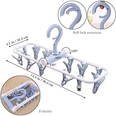 Creatiees 2 Pack Folding Portable Travel Clip, Drip Drying Hanger Rack with 12 Clips for Clothes Socks Underwear - Windproof & Space Saving (Light Blue + Light Purple)