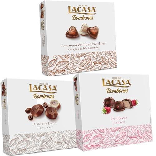 Pack Lacasa bombones corazón tres chocolates 200 G & bombones café con leche 200 G & bombones frambuesa 200 g