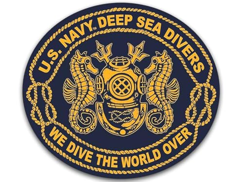 Image of Oval US Navy Deep Sea Divers Insignia Sticker (We Dive the World Over Naval Logo Vinyl Sticker (3 x 4 inch) Navy Licensed