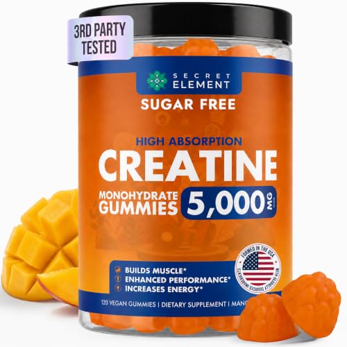 Image of Secret Element Creatine Monohydrate Gummies 5000 mg per Serving, Sugar Free Vegan Gummies, Non-GMO, Creatine Chews for Women & Men, 30 Servings, 120 Gummies, Mango Flavor
