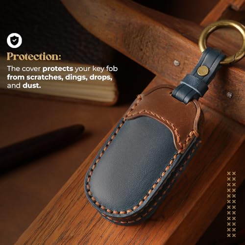 Image of keyzone dual leather key cover compatible for Jeep Compass, Compass Trailhawk smart key (BlueBrown)