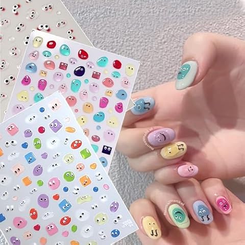 Dedyel Cute Nail Stickers for Nail Art 5D Embossed Jelly Beans Nail Decals Colorful Droplet Design Cute Small Eyes Self-Adhesive Nail Stickers for Women Girls Kids Nail Art Decorations Cover