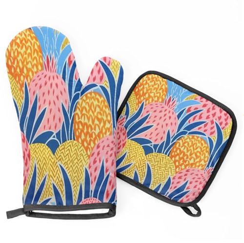 Abstract Watercolor Fruit Oven Mitts Kitchen Oven Gloves for Cooking Baking Heat Proof Lining Cotton Kitchen Potholder Mittens Pot Holders Hot Pads for Chef Women Men
