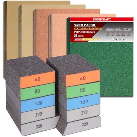 BOSHCRAFT 35 Pcs Sand Paper Block Assortment Pack, 2 pack Sandpaper & Sanding Block for Wood Metal Glasses Cover