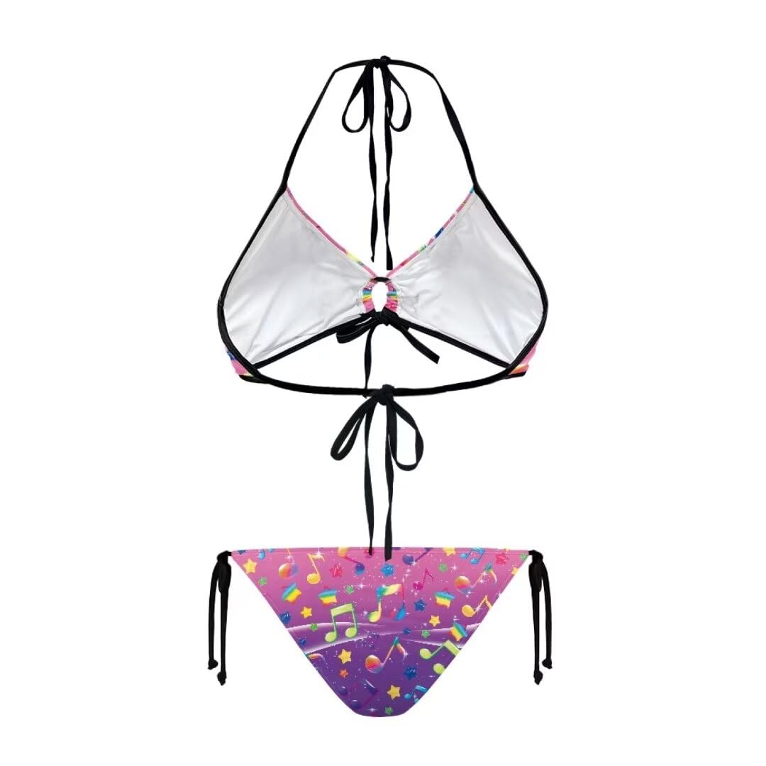 Youngerbaby Music Notes Pink Bikini Women's Halter-Neck High Waist Triangle Bikini Sets, Casual Sleeveless Swimsuits for Beach