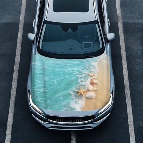 Image of Beach Starfish Shells Hood Cover for Car SUV Sedan Truck, Waterproof Elastic Polyester Car Hood Protector, Automotive Exterior Decorative Accessories for Summer