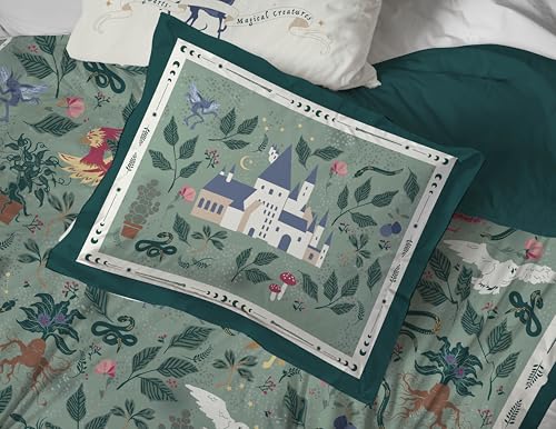 Image of Harry Potter King Comforter Set 7 Piece Soft Floral Bedding, Green | Hogwarts, Bed in a Bag, Comforter Sheets Shams Pillowcases, Official Product, Soft Microfiber, Machine Washable, Easy Care