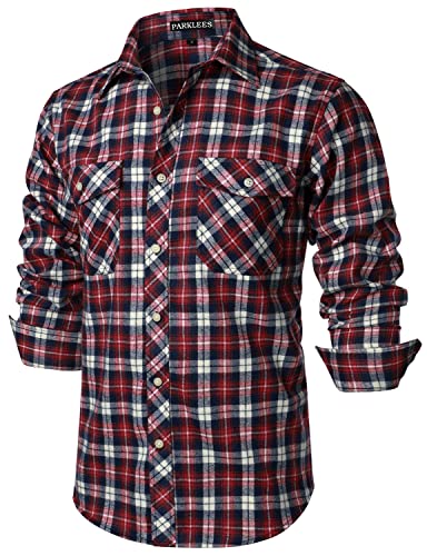 PARKLEES Chemise décontractée à carreaux en flanelle boutonnée avec poches pour homme, coupe régulière, Bleu marine/rouge, L