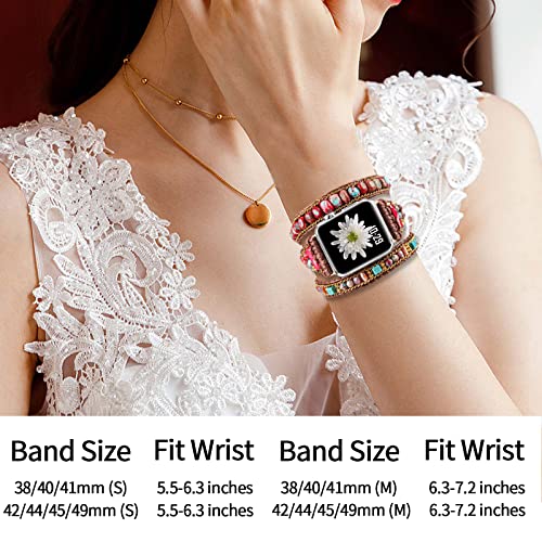Handmade Boho Watch Band Compatible with Apple Watch 49MM 45MM 44MM 42MM 41MM 40MM 38MM Beaded Wrap Bracelet for iWatch Ultra, Series SE/9/8/7/6/5/4/3/2/1, Fancy Strap for Women