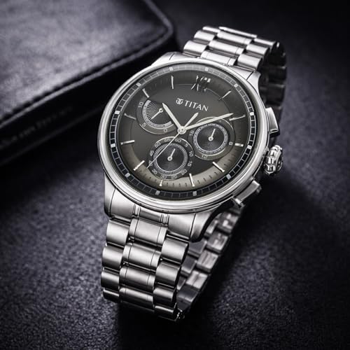 Image of Titan Classique Half Cut Chronograph Quartz Analog with Black Dial Silver Stainless Steel Strap Watch for Men - 90218SM01