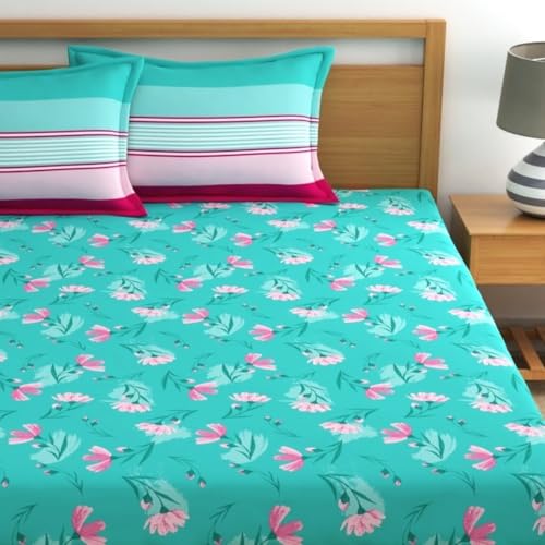 Image of Dreamscape 100% Cotton Queen Fitted Bedsheet with 2 Pillow Covers - (Size 60 x 78 inches, 140 TC, Colour - Sea Green)