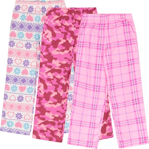 Mad Dog Girl's Pajama Pants - 2/3 Pack, Soft Micro Fleece Fashion Sleepwear Lounge. Sizes: 6-16, 3 Pack, 14-16, Pink Camo/Hearts/Plaid