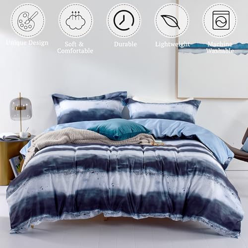 MILDLY 100% Long-Staple Cotton Duvet Cover Set Navy & White Striped Watercolor Pattern Printed Comforter Cover 3pcs, Ultra Soft & Breathable Bedding Set