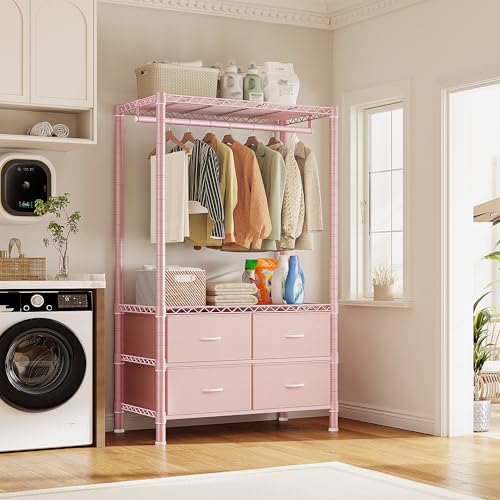 Image of Raybee Clothes Rack with Drawers, 35 inch W Pink Clothing Rack Load 450LBS for Bedroom Apartment Dorm, Heavy Duty Metal Portable Closet with Adjustable Shelves, Multi-Function, Easy Assembly