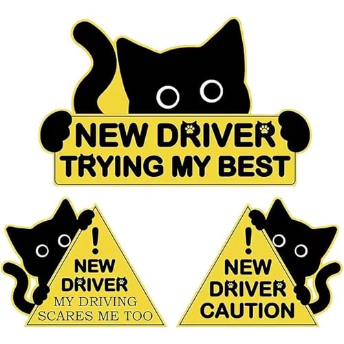 3Pcs New Driver Car Magnet Sticker Set Funny Cute Cat Design Caution Warning Signs for Student Drivers Safety Warning Signs for Student Driver Moderate Size & Long Service Life (Yellow and Black)