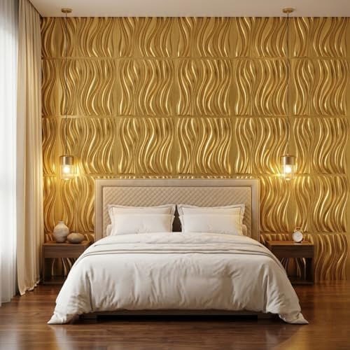 Image of Kayra Decor Luxury 3D PVC Wall Panels - Wave Pattern, Gold Finish | 19.7 inch x 19.7 inch | Pack of 40 | Covers 107.60 Sq. Ft. | Stylish Wall Cladding for Home & Office Interiors
