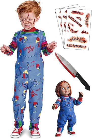 GONOSEED Chucky-inspired costume for kids with striped rainbow shirt jumpsuit prop knife and scar tattoos