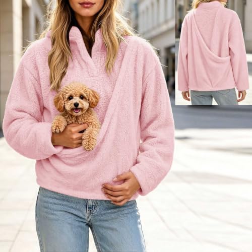 fartey Pet Carrying Hoodie Women V-Neck Fuzzy Fleece Pullover Top Pink - image 2