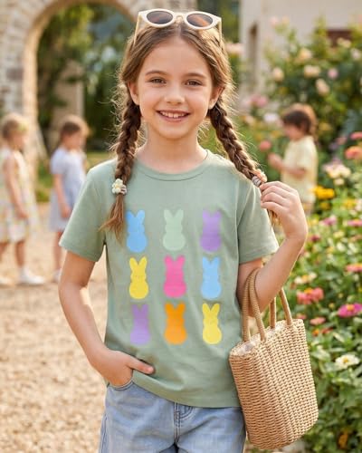 Image of Ritatte Kids Girls Easter Shirt Cute Bunny Rabbit Graphic T-Shirt Happy Easter Tees Funny Casual Short Sleeve Tops 7-12Y