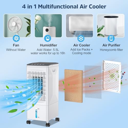 Raofuo Evaporative Coolers for Home, 4 IN 1 Mobile Air Conditioner Humidifier Air Purifier Cooling Fan 60W 3 Mode 7H Timer 60°/120° Oscillation w/Remote Control 3 Ice Box for Room, Office, Kitchen - Image 4