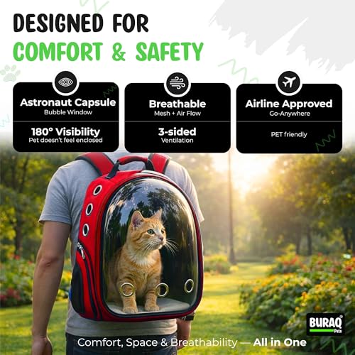 Image of Buraq Astronaut Pro Pet Carrier Backpack (41L x 32W x 26H cm) - Transparent Bubble Capsule Design, Airline-Approved, Breathable & Ventilated Travel Bag for Cats