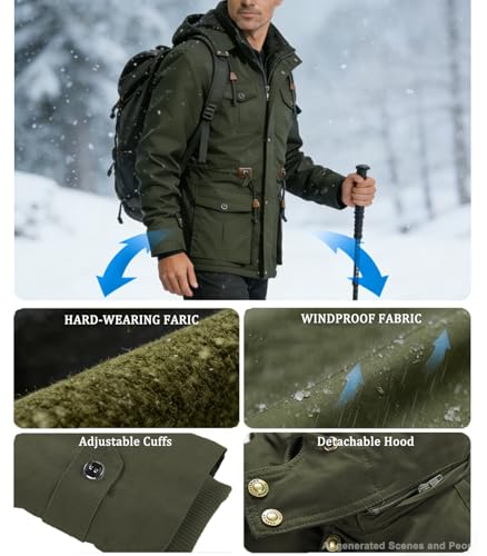 Image of INVACHI Men's Thick Winter Jacket With Hood,Fleece Lining Cotton Military Jackets,Work Coats with Multiple Pockets