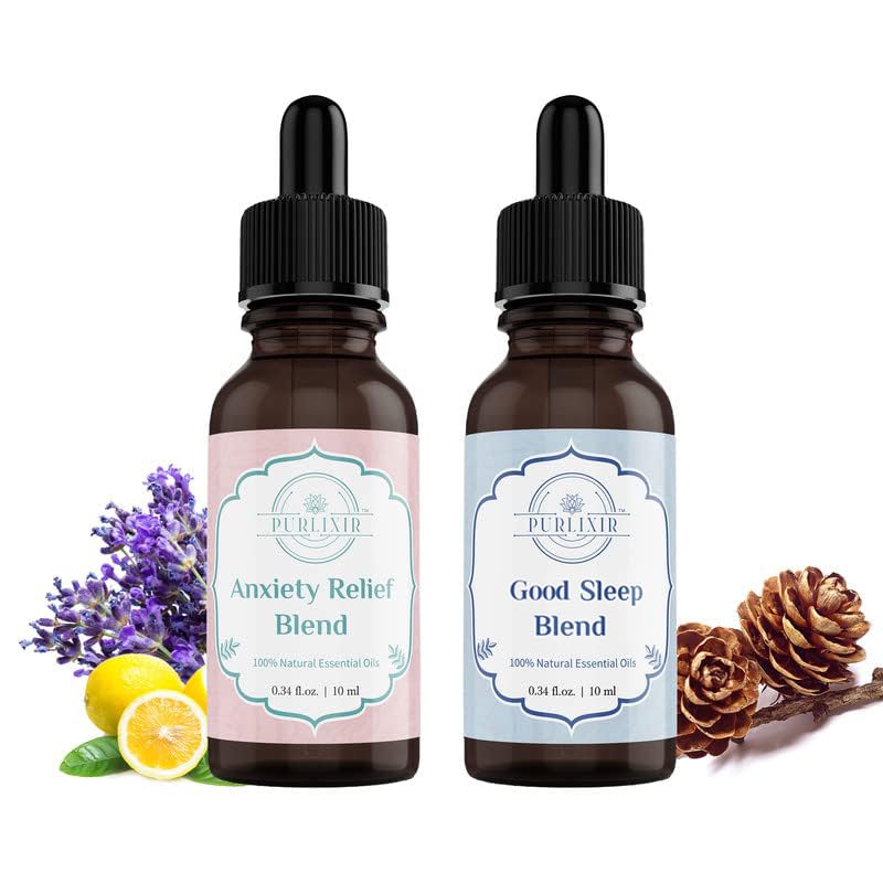 Purlixir Anxiety Relief & Good Sleep Essential Oil Blend Combo – 10ml Each | Calming Sleep & De-Stress Aromatherapy Oils for Relaxation | Refreshing Diffuser Oils for Home