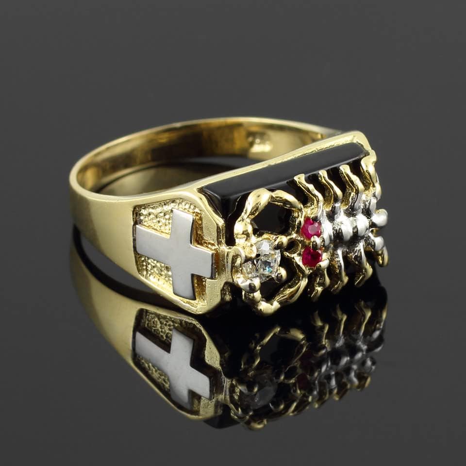 10K or 14K Two-Tone Gold White & Yellow Gold Men's Black Onyx Scorpion Ring with Cross - Choice of Size