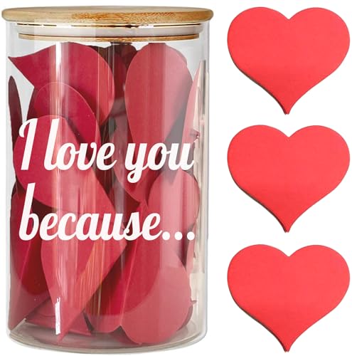 new I Love You Because Jar Love Notes Jar with 50 Red Heart Shape Note Gifts for Girlfriend Boyfriend Birthday Love Message In The Bottle for Mom Dad Newlywed Gifts for the Couple (love)