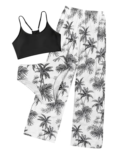 Image of NECIOUS Girls Swimsuit, 3 Piece Bikini Bathing Suit Tropical Floral Swimwear with Cover Up Pants 7-16Y