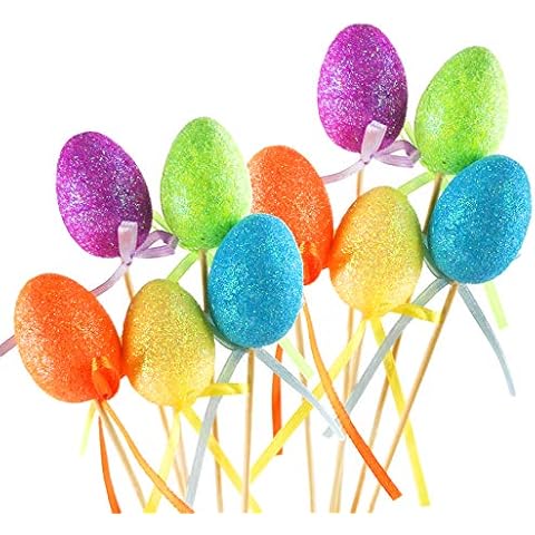 BSTAOFY 20pcs Glitter Easter Egg Plant Picks Foam Crafts Wooden Stake Decoration Cake Topper Sticks Garden Ornament, Assorted Colors Cover