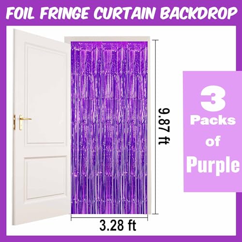 Image of 3 Pack Purple Foil Fringe Curtains Backdrop, 3.28 x 9.8 Ft Metallic Streamers Tinsel Curtains Background for Photo Booth, Birthday, Halloween, Christmas, Thanksgiving, New Year Party Decorations